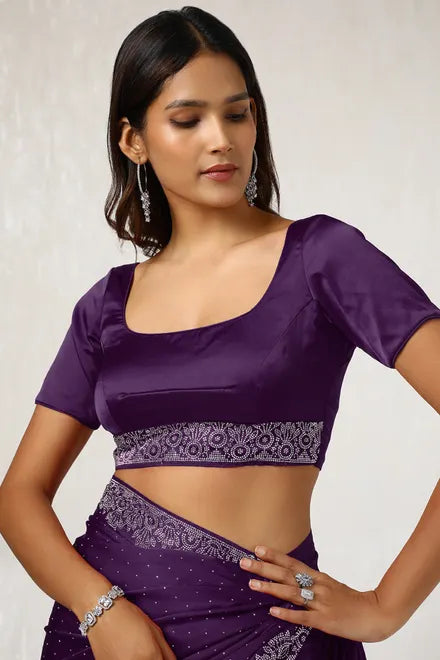 Purple Satin Stone Embellished Saree