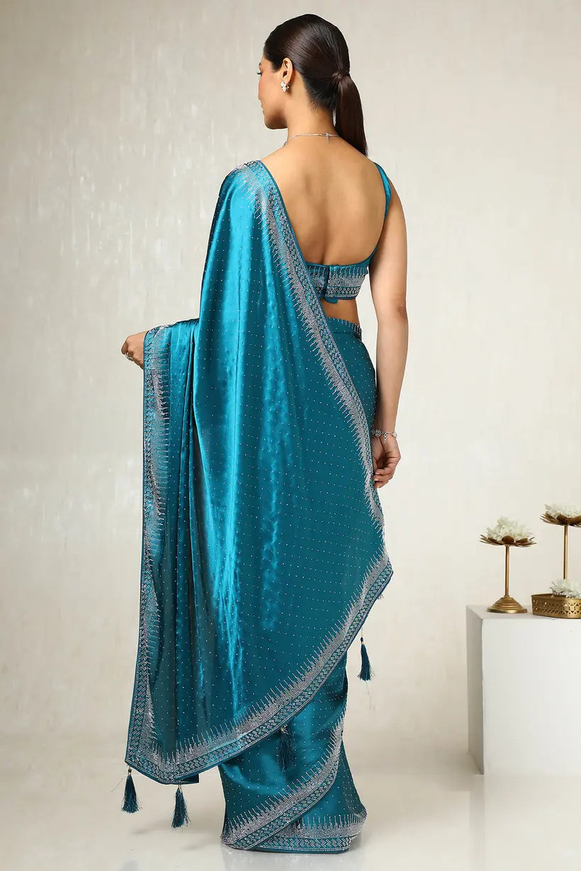 Teal Satin Embellished Saree With Stone Work