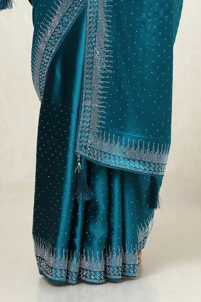 Teal Satin Embellished Saree With Stone Work