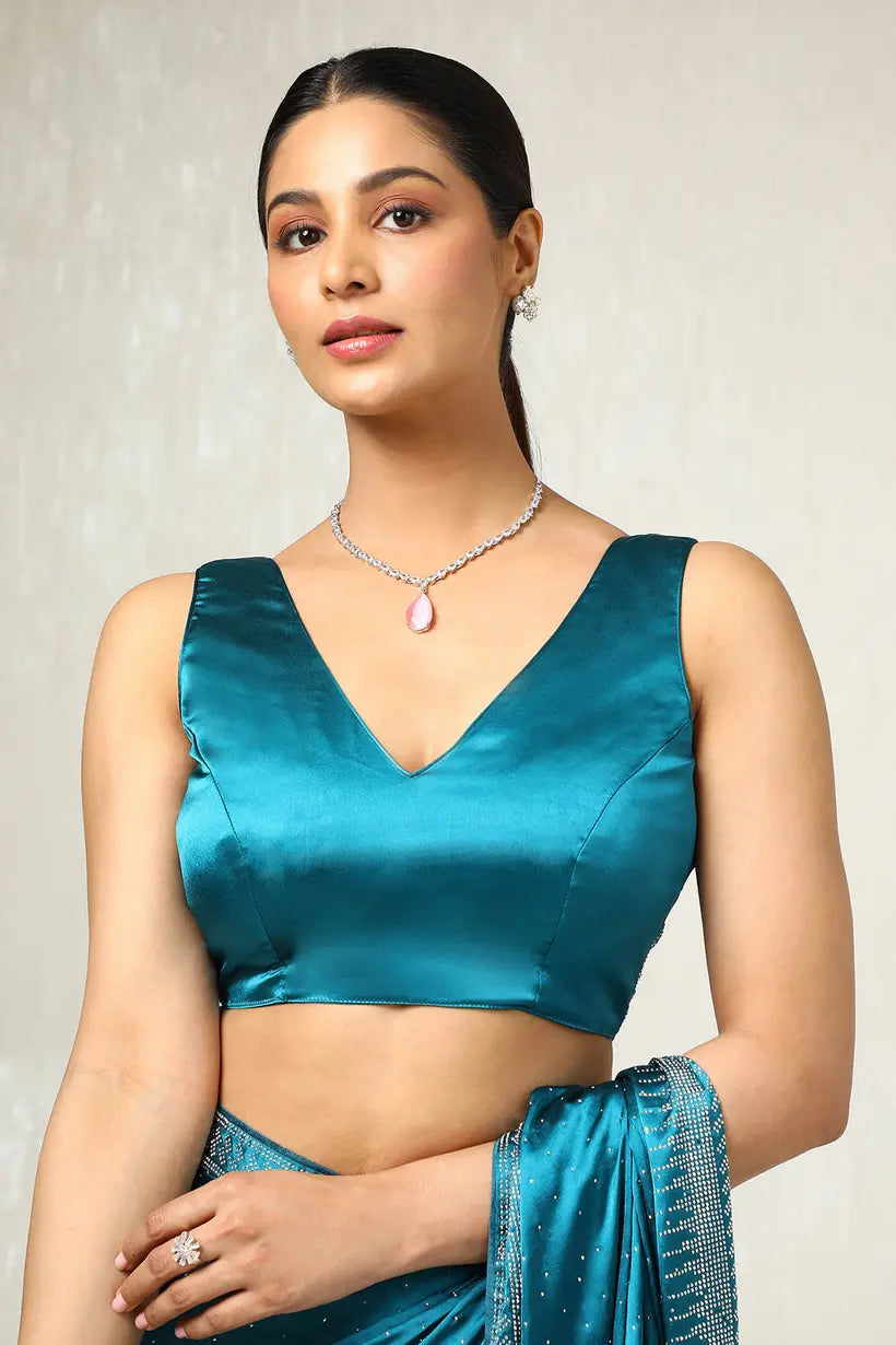 Teal Satin Embellished Saree With Stone Work