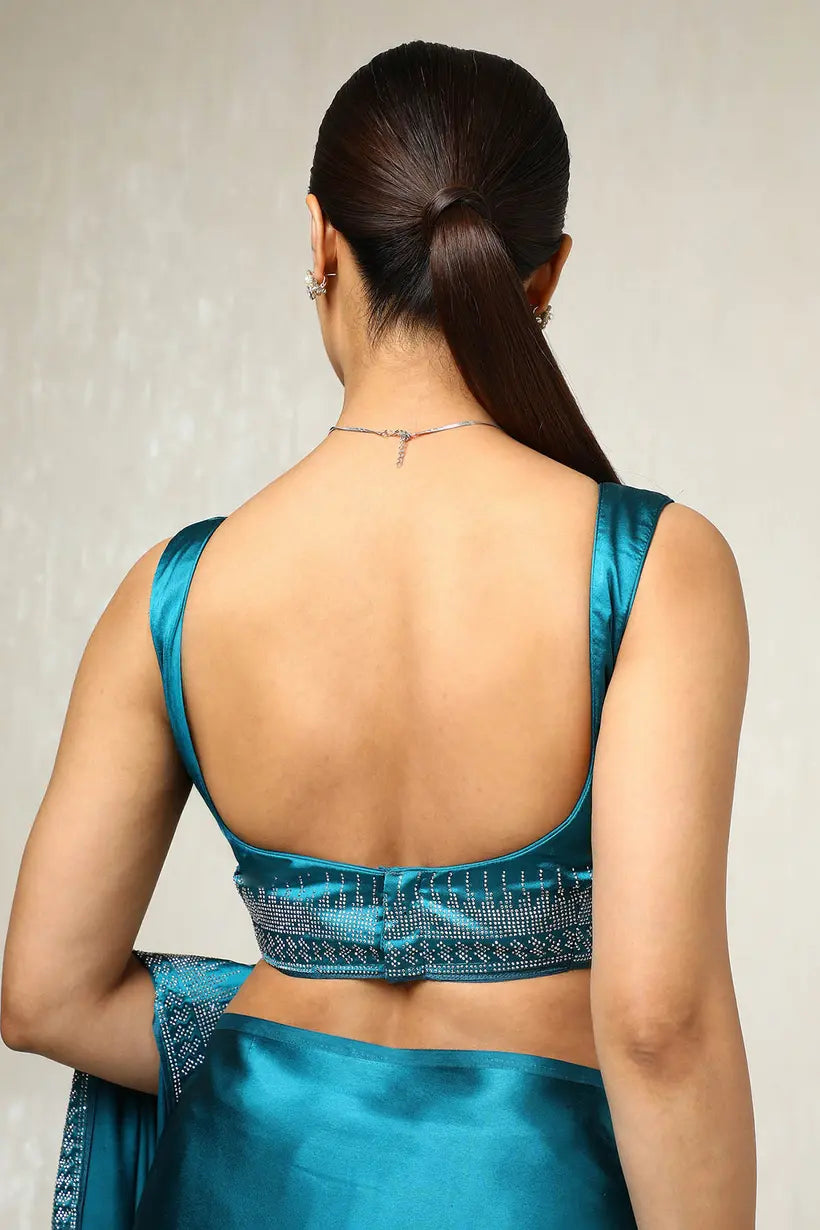 Teal Satin Embellished Saree With Stone Work