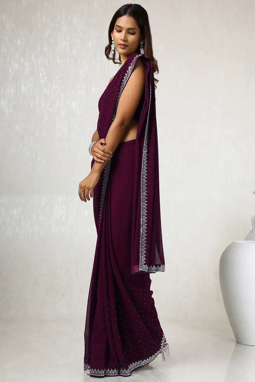 Wine Georgette Stone Embellished Saree