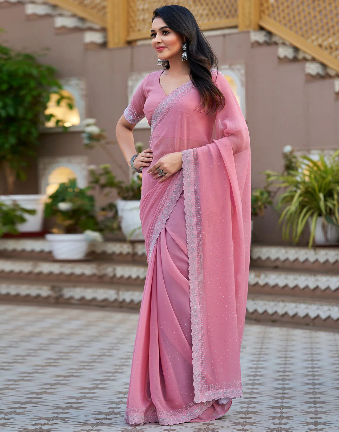 Light Pink Georgette Stone Work Saree