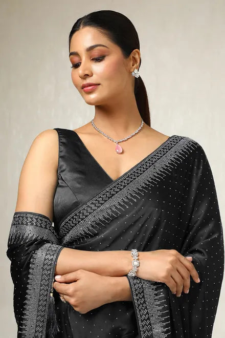 Black Satin Stone Embellished Saree
