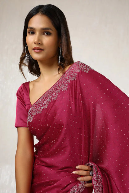 Magenta Satin Saree With Stone Work