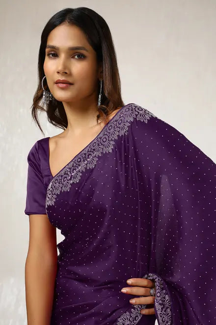 Purple Satin Stone Embellished Saree