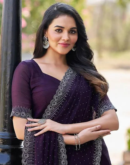 Dark Purple Embellished Satin Saree With Stones