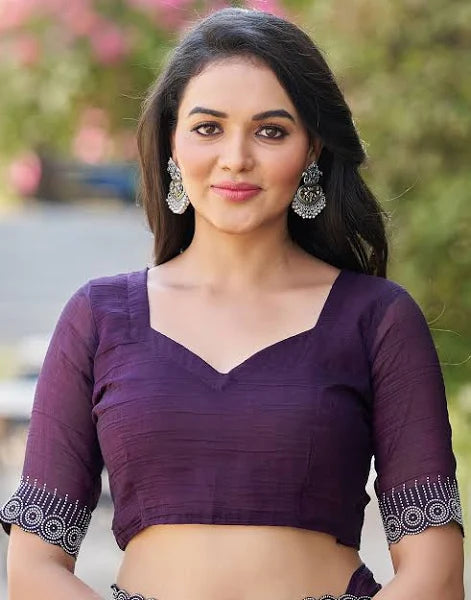 Dark Purple Embellished Satin Saree With Stones