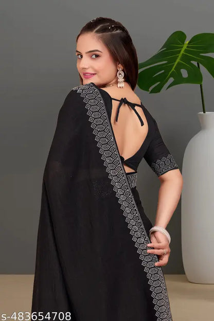 Padma Women's Satin Silk Hot Fix Solid Saree With Unstitched Blouse Piece