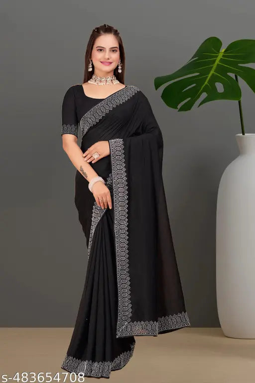 Padma Women's Satin Silk Hot Fix Solid Saree With Unstitched Blouse Piece