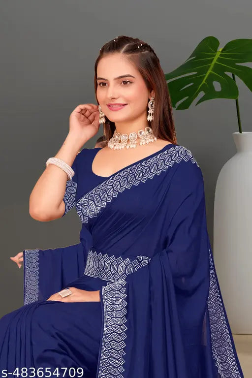 Padma Women's Satin Silk Hot Fix Solid Saree With Unstitched Blouse Piece