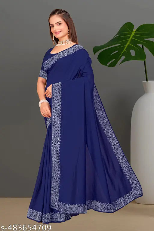 Padma Women's Satin Silk Hot Fix Solid Saree With Unstitched Blouse Piece