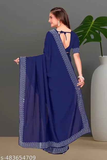 Padma Women's Satin Silk Hot Fix Solid Saree With Unstitched Blouse Piece