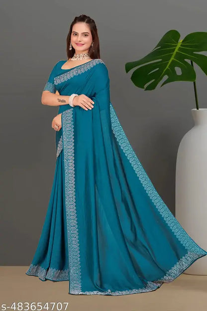 Padma Women's Satin Silk Hot Fix Solid Saree With Unstitched Blouse Piece