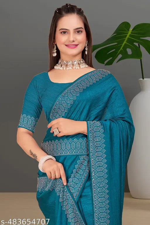 Padma Women's Satin Silk Hot Fix Solid Saree With Unstitched Blouse Piece