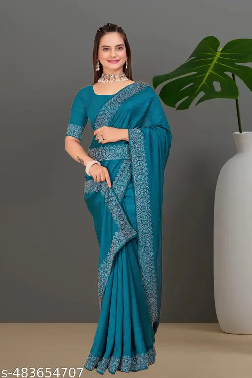 Padma Women's Satin Silk Hot Fix Solid Saree With Unstitched Blouse Piece