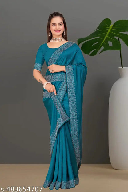 Padma Women's Satin Silk Hot Fix Solid Saree With Unstitched Blouse Piece