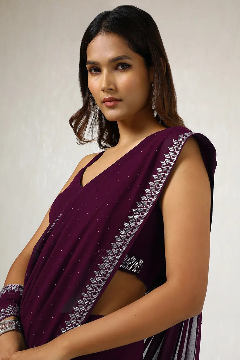 Wine  Georgette Stone Embellished Saree