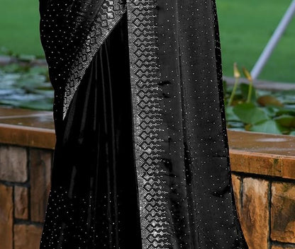 SIRIL Women's Georgette Hot Fixing Stone Work Saree with Unstitched Blouse Piece