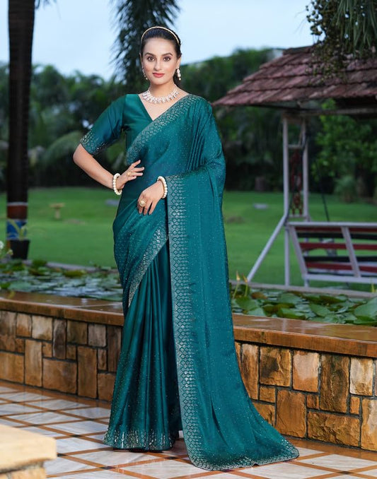 SIRIL Women's Georgette Hot Fixing Stone Work Saree with Unstitched Blouse Piece