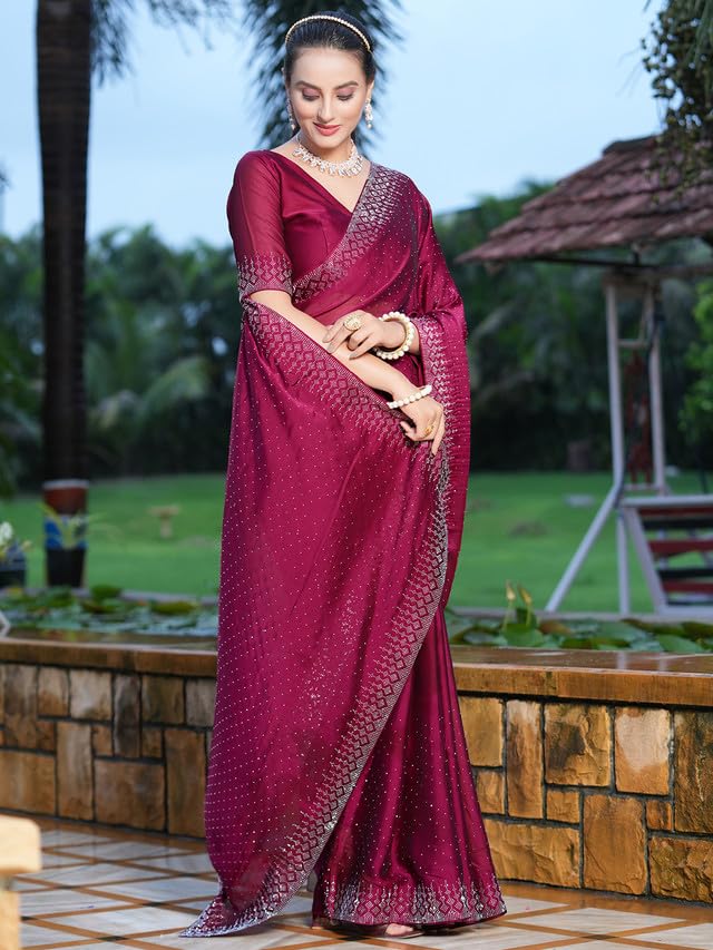SIRIL Women's Georgette Hot Fixing Stone Work Saree with Unstitched Blouse Piece