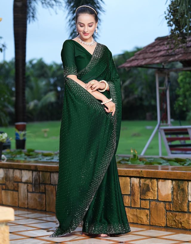 SIRIL Women's Georgette Hot Fixing Stone Work Saree with Unstitched Blouse Piece