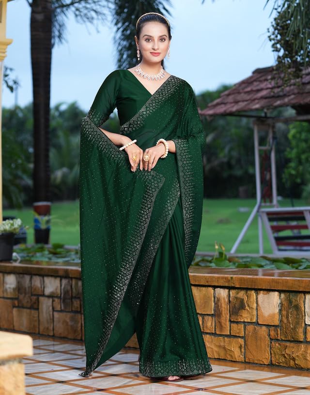 SIRIL Women's Georgette Hot Fixing Stone Work Saree with Unstitched Blouse Piece