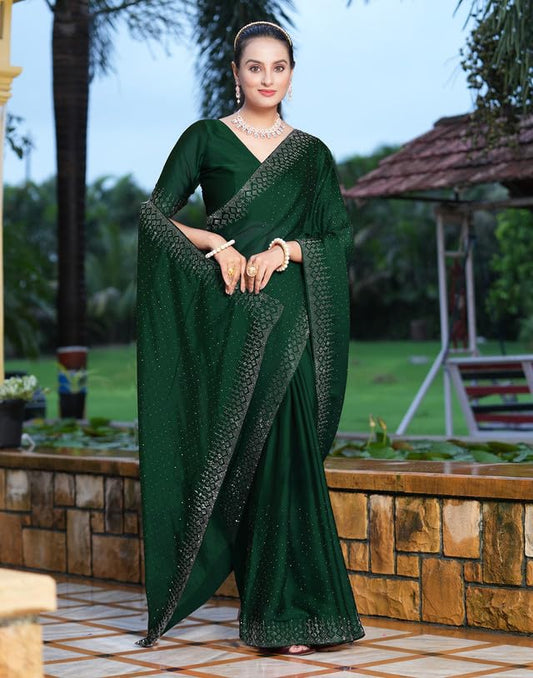SIRIL Women's Georgette Hot Fixing Stone Work Saree with Unstitched Blouse Piece