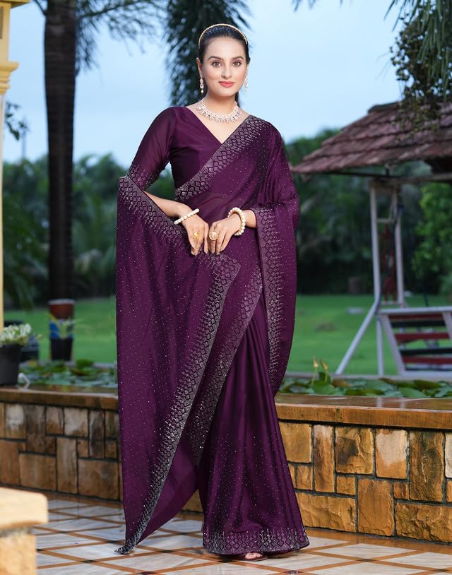 SIRIL Women's Georgette Hot Fixing Stone Work Saree with Unstitched Blouse Piece