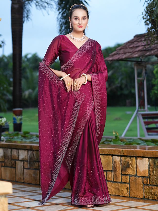 SIRIL Women's Georgette Hot Fixing Stone Work Saree with Unstitched Blouse Piece