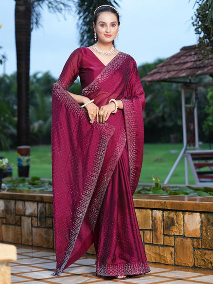 SIRIL Women's Georgette Hot Fixing Stone Work Saree with Unstitched Blouse Piece