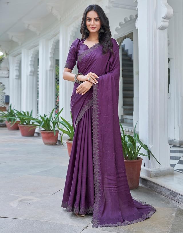 AKHILAM Women's Satin Silk Hot Fix Solid Saree With Unstitched Blouse Piece
