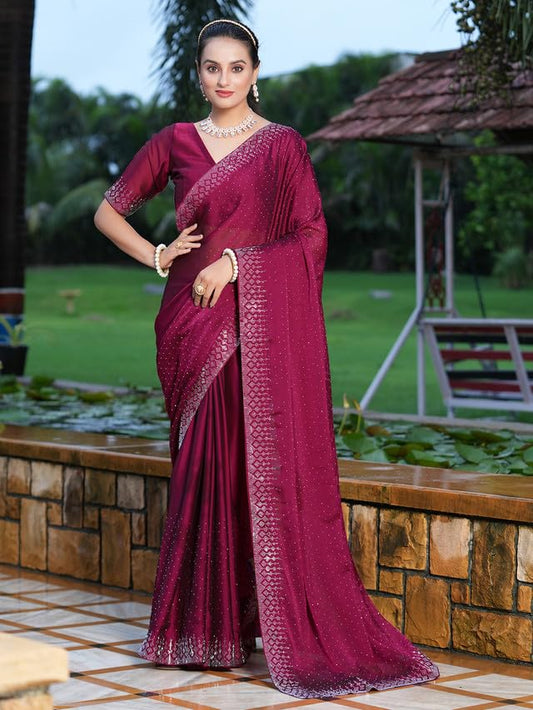 SIRIL Women's Georgette Hot Fixing Stone Work Saree with Unstitched Blouse Piece