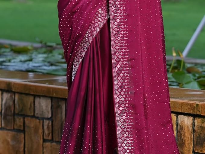 SIRIL Women's Georgette Hot Fixing Stone Work Saree with Unstitched Blouse Piece