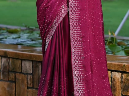 SIRIL Women's Georgette Hot Fixing Stone Work Saree with Unstitched Blouse Piece