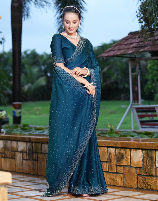 SIRIL Women's Georgette Hot Fixing Stone Work Saree with Unstitched Blouse Piece