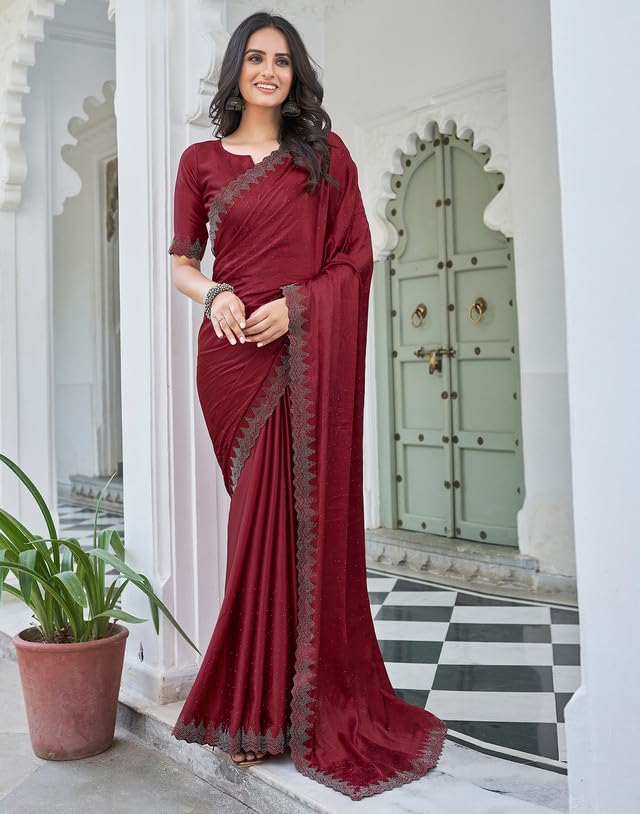 AKHILAM Women's Satin Silk Hot Fix Solid Saree With Unstitched Blouse Piece
