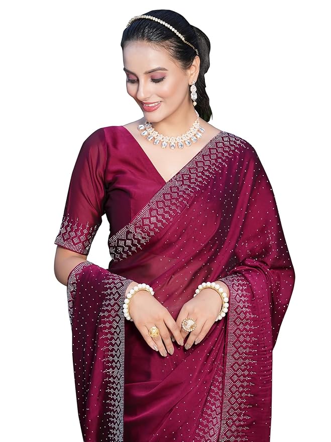 SIRIL Women's Georgette Hot Fixing Stone Work Saree with Unstitched Blouse Piece