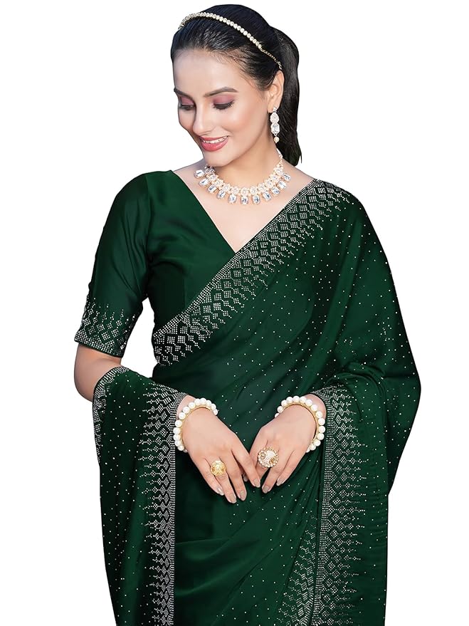 SIRIL Women's Georgette Hot Fixing Stone Work Saree with Unstitched Blouse Piece