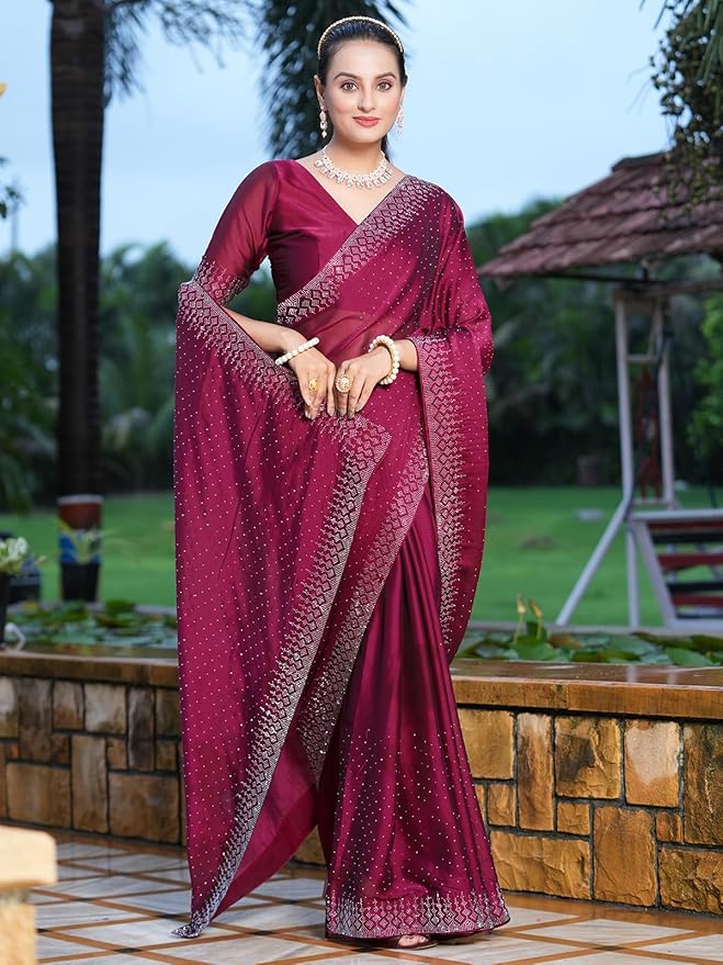 SIRIL Women's Georgette Hot Fixing Stone Work Saree with Unstitched Blouse Piece