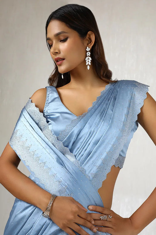 Powder Blue Embellished Satin Saree With Stones