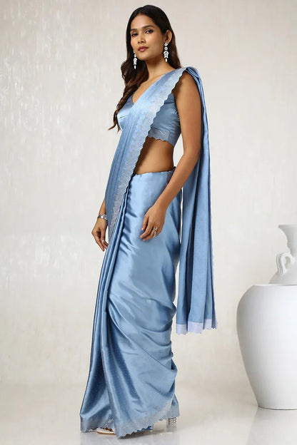 Powder Blue Embellished Satin Saree With Stones