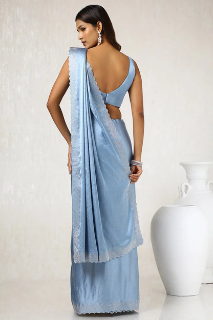 Powder Blue Embellished Satin Saree With Stones
