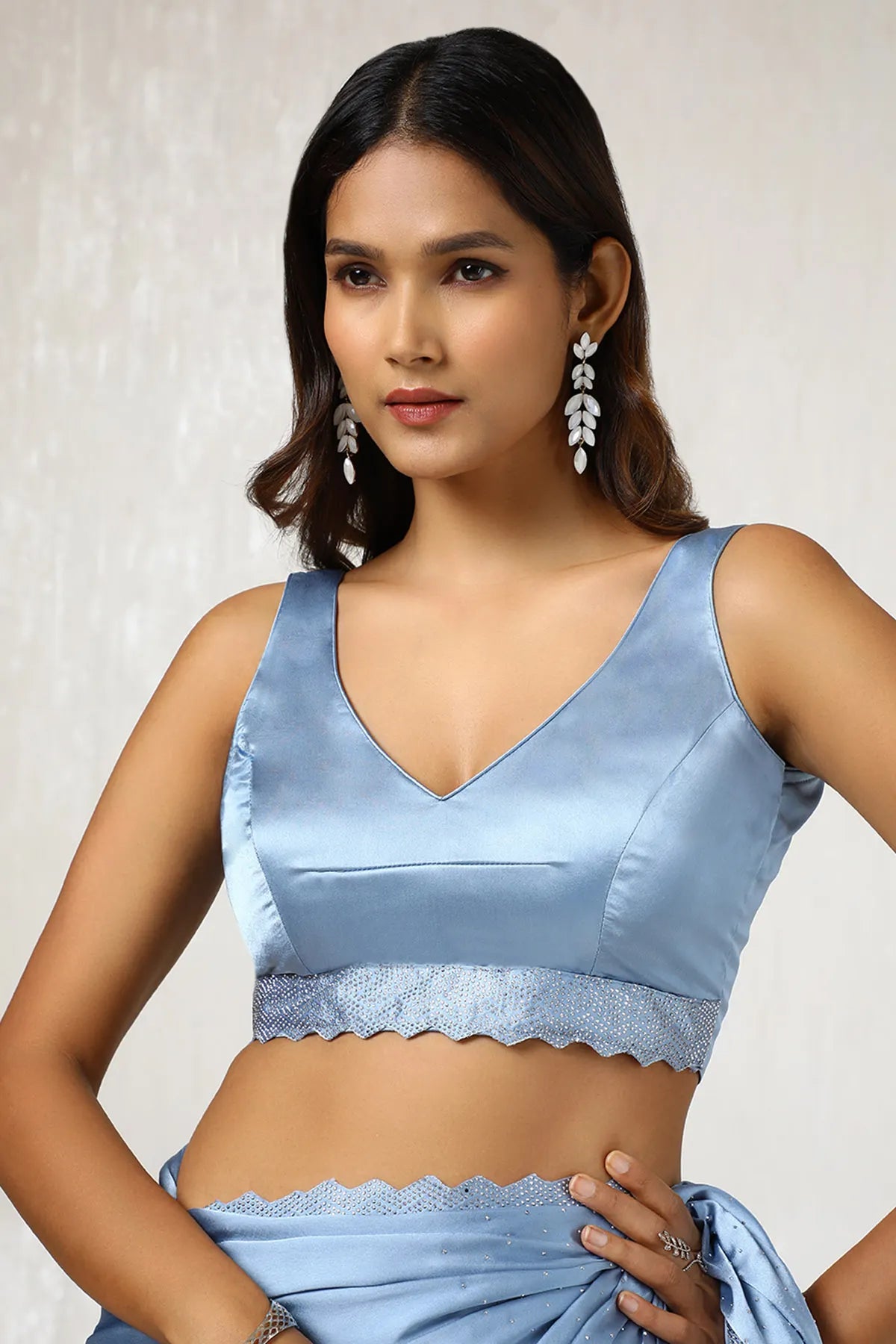 Powder Blue Embellished Satin Saree With Stones