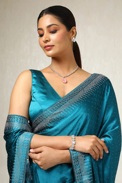 Teal Satin Stone Embellished Saree