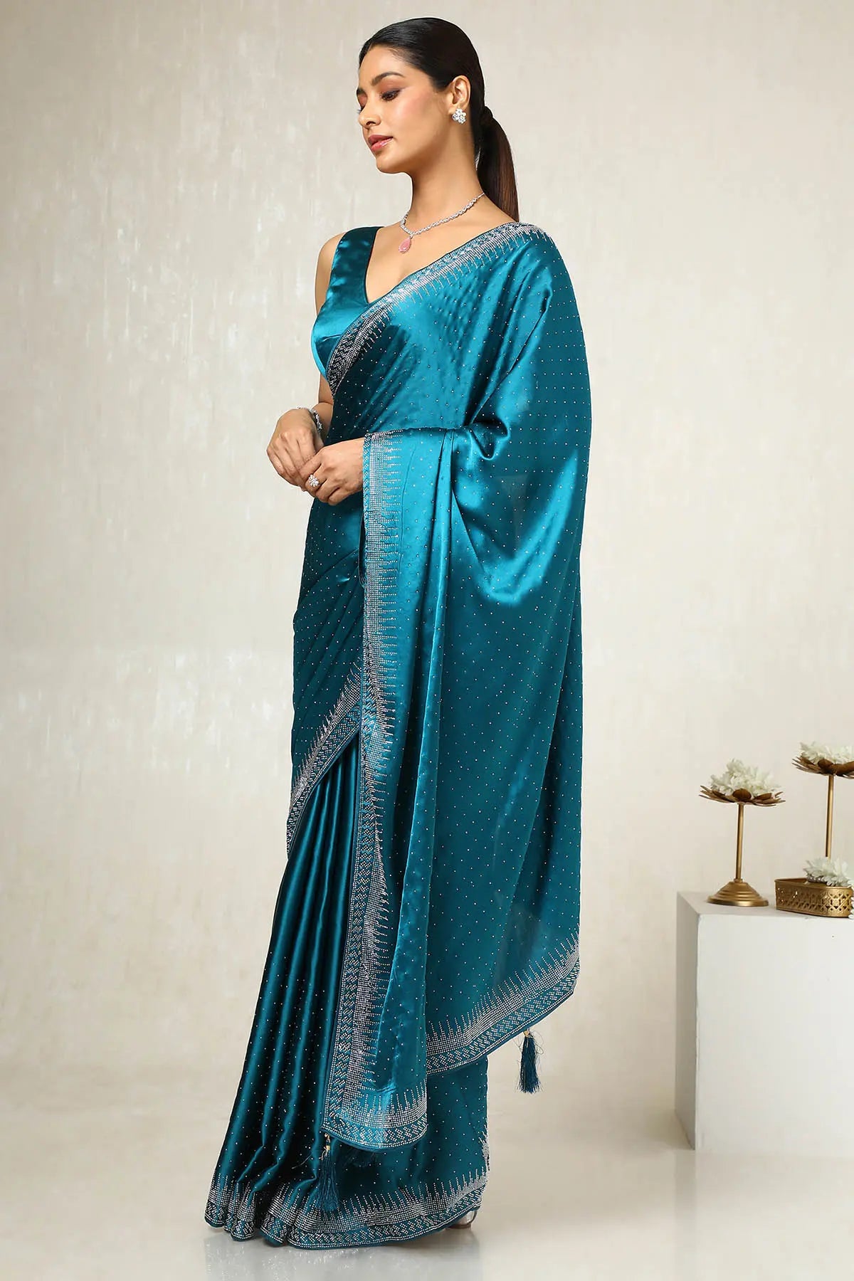 Teal Satin Stone Embellished Saree