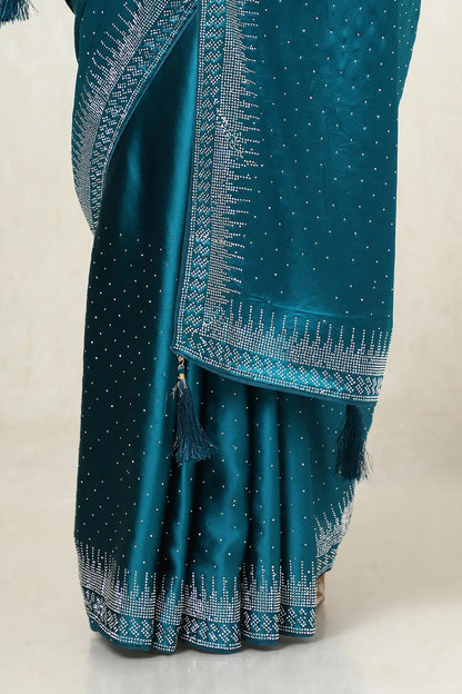 Teal Satin Stone Embellished Saree