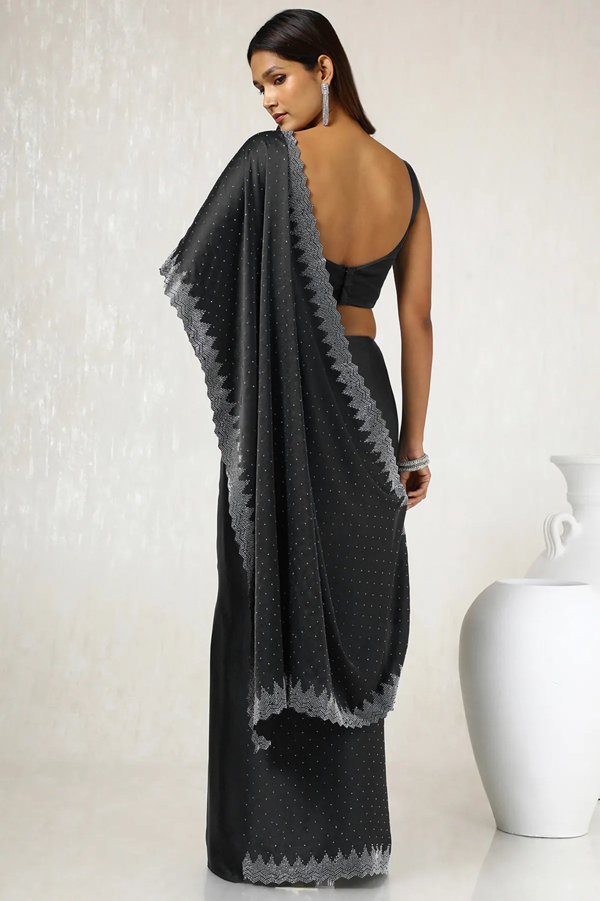 Ethnic Stone Work Saree Black Satin