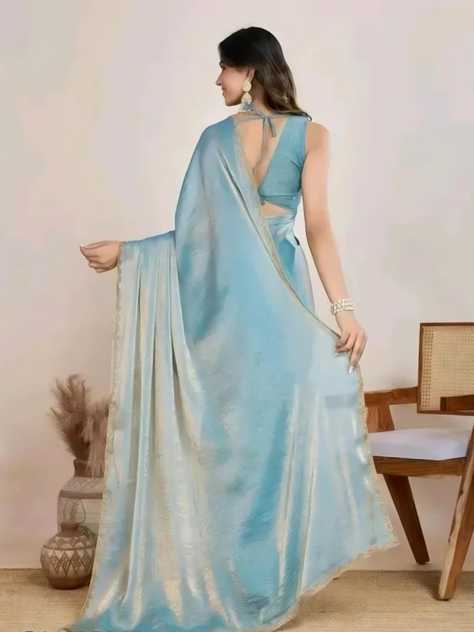 Sky blue trendy soft fabric saree with lace border sirojaki diamond
