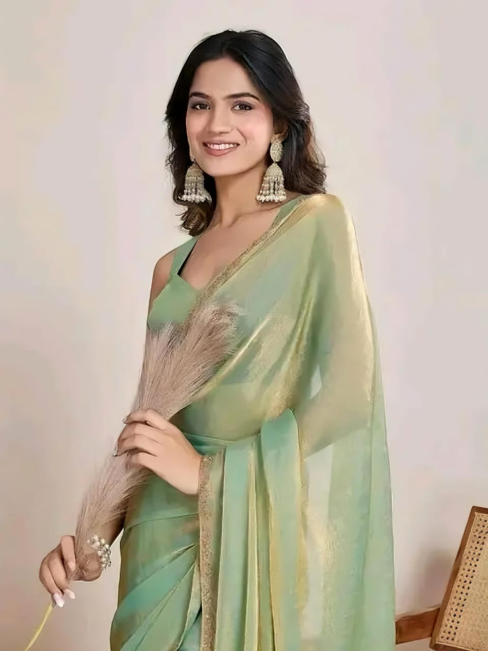 Pista trendy soft fabric saree with lace border sirojaki diamond